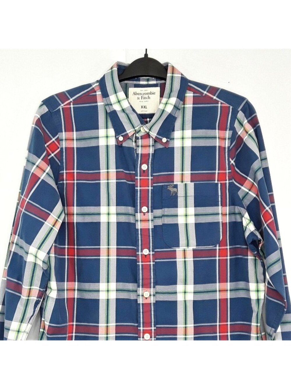 Y2K Abercrombie Plaid Muscle Dress Shirt Mens 2XL Red White Blue 100% Cotton Lon